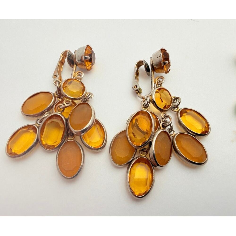 Vintage 50s Amber Topaz Glass Open Back Chandelier Clip-On Earrings